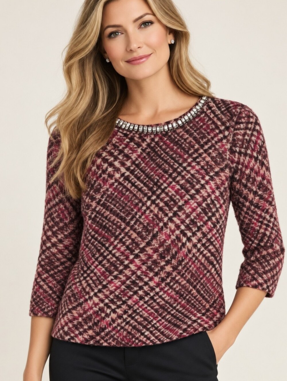 Talbots 100% Cashmere Embellished Neckline Plaid Knit Sweater P